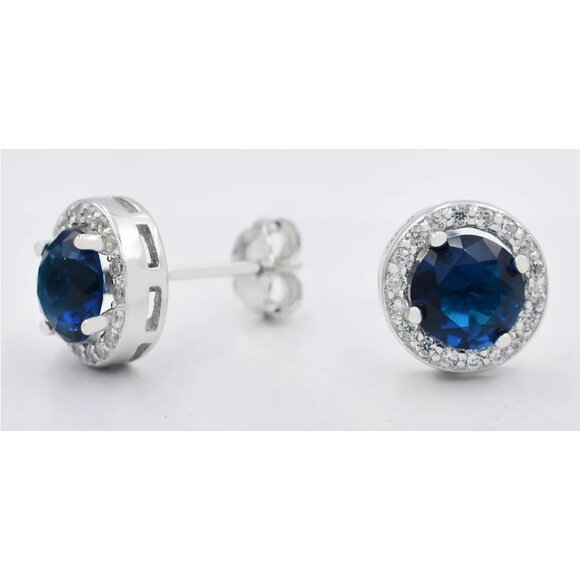 Genuine 2.54 Cts Blue & White Sapphire Stud Earrings .925 Silver - Picture 1 of 3
